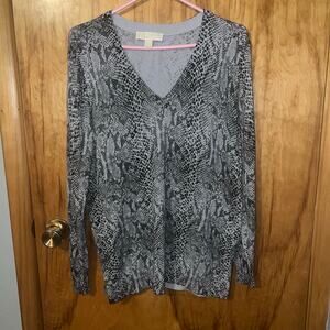 Michael Kors Black Gray Snake Skin V-Neck Long Sleeve Top Size Large